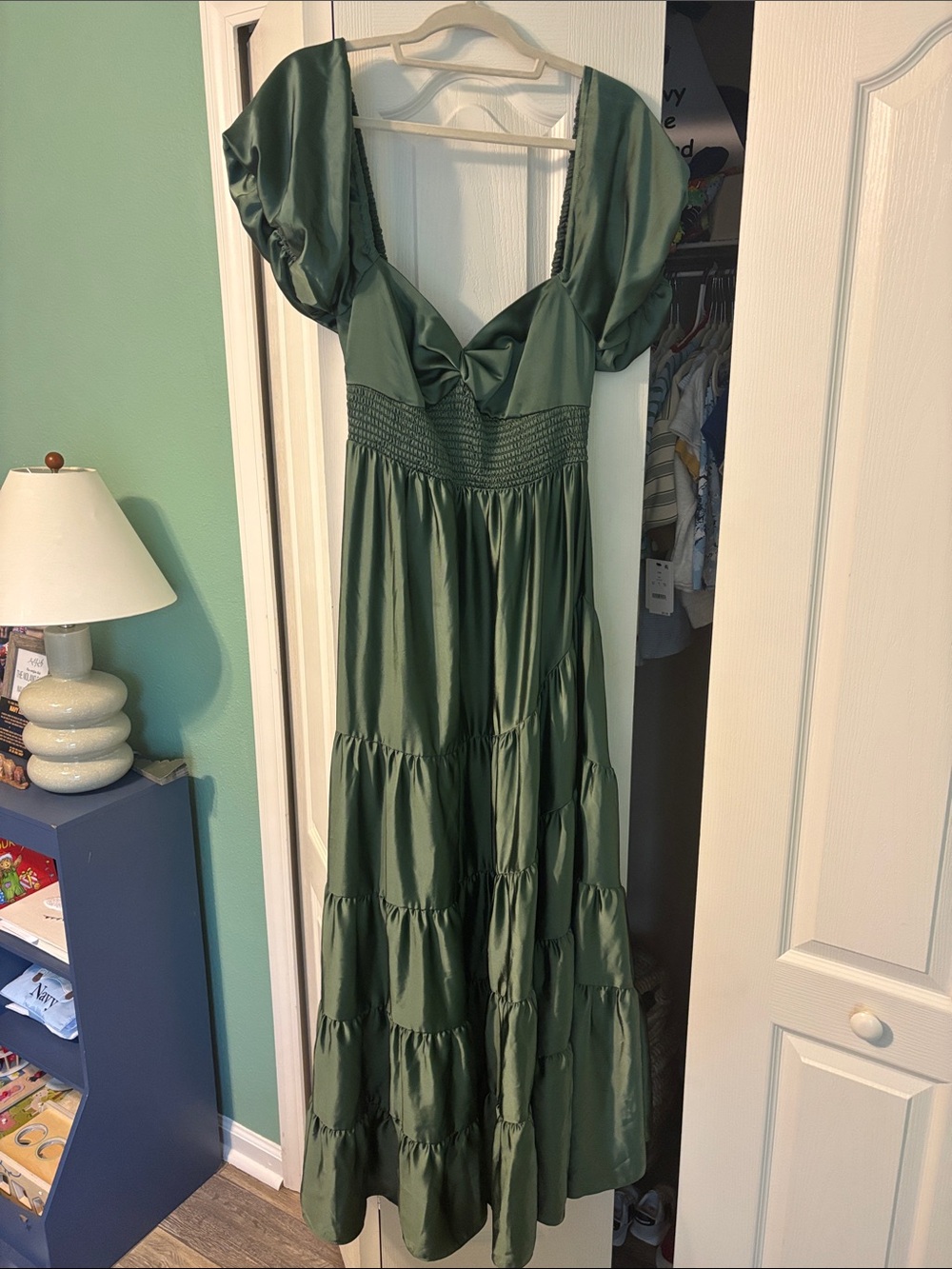 Free People Olive Green Satin Puff-Sleeve Maxi Dress